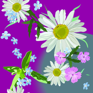 Daisies, Bells, Carnations And Forget-me-nots - Wildflowers On A Purple Background With A Gray Gradient. Seamless Pattern, Vector Art.