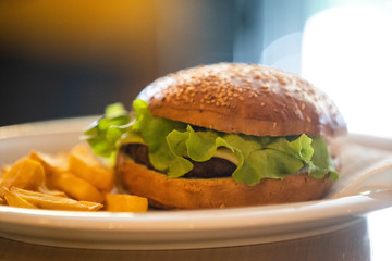 Craft beef burger and french fries