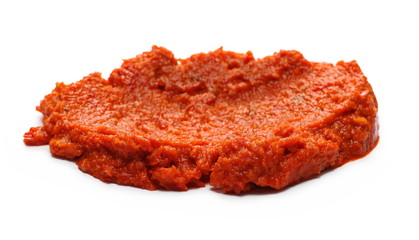 Ajvar, red paprika, pepper and eggplant dish, isolated on white background
