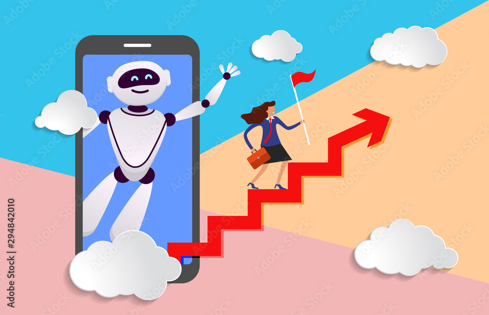 Poster robot assistant in business from screen of mobile device prompts head direction for movement to succ