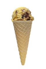 Vanilla and chocolate ice cream in cone, isolated on white background with clipping path