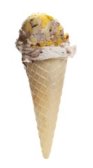 Vanilla and chocolate ice cream in cone, isolated on white background with clipping path