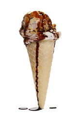 Ice cream in cone with chocolate topping isolated on white background, clipping path