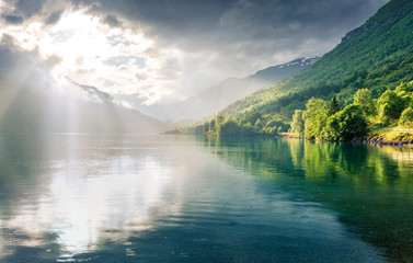 Fantastic summer view of Lovatnet lake, municipality of Stryn, Sogn og Fjordane county, Norway....