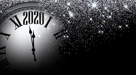 Obraz na płótnie Canvas Silver shiny 2020 New Year background with clock. Greeting card.