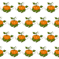 Pumpkin with leaves vector seamless pattern. Orange vegetable of seamless texture. Harvest Festival. Autumn. Halloween. Thanksgiving Day.Textiles, wrapping paper, wallpaper design. Isolated objects.
