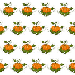 Pumpkin with leaves vector seamless pattern. Orange vegetable of seamless texture. Harvest Festival. Autumn. Halloween. Thanksgiving Day.Textiles, wrapping paper, wallpaper design. Isolated objects.