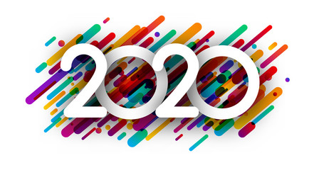 New Year 2020 sign with colorful paint strokes on white background.