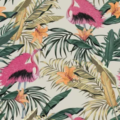 Fotobehang Exotische jungle illustratie tropische planten roze flamingo naadloos behang © berry2046