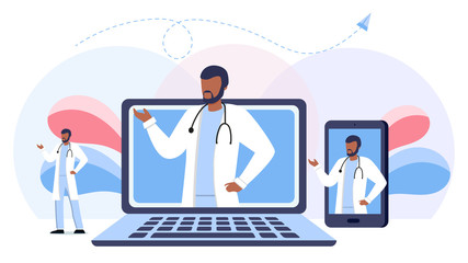 Online medical consultation and support set. Online doctor. Healthcare services, Ask a doctor. Family doctor, therapist with stethoscope on the laptop and phone screen. Full length of doctor