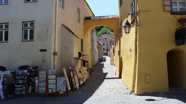SIGHISOARA, TRANSYLVANIA, ROMANIA - June 28, 2017: A shop of souvenirs near the house that gave birth to Vlad Tepes, better known as Dracula, made famous from the pen of Bram Stoker. HD Video