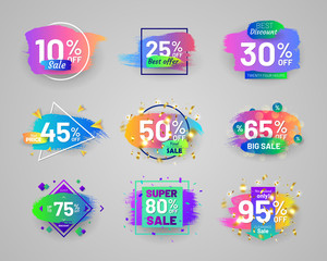 Bright retail labels set with colorful paintbrush strokes. Weekend discount propositions stickers. Flat gradient design isolated on gray background. Commercial advertisement and promotion campaign.