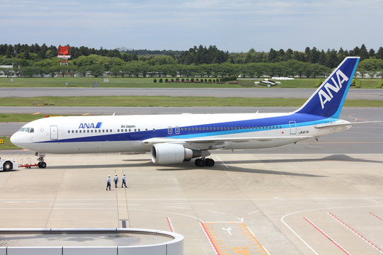 TOKYO - MAY 12: All Nippon Airways (ANA) Boeing 767 on May 12, 2012 at Narita International Airport, Tokyo. ANA is one of largest airlines of Japan with 177 passenger planes (most of them Boeing).