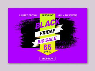 Black Friday big sale poster. Discount 65 percent off. Internet advertising layout with shop now button. Retail sticker in shape of paintbrush stroke. Seasonal sale announcement. Promotion campaign.