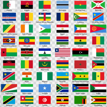 Fifty four flags of the countries of Africa. List of all flags African countries with inscriptions and original proportions on transparent background. Flags for your web site design, logo, app, UI. EP