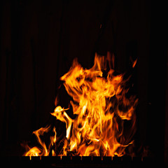 Flame. Burning fire at night. A fire in the grill, fireplace and hearth.