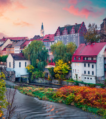 Gorgeous autumn cityscape of Gorlitz, eastern Germany, Europe. Spectacular sunrise view of St Peter and Paul’s Church, on the Polish border. Traveling concept background.