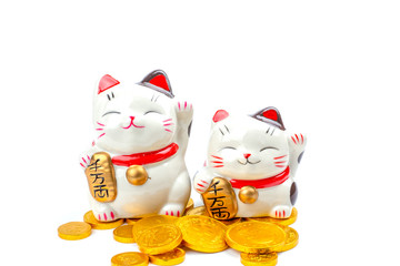 Lucky cat statue for Japanese isolated on a white background, Holds a gold medal in Japanese that translates into prosperity and good fortune.