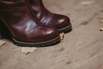Women leather boots close up