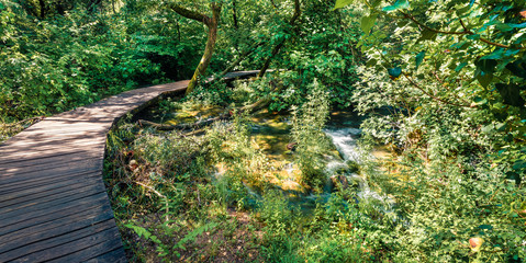 Panoramic morning view of Plitvice National Park. Green spring scene of fresh forest with pure water creek. Splendid countryside landscape of Croatia, Europe. Beauty of nature concept background.