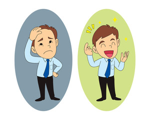 middle aged man with alopecia problem. before and after hair treatment and transplantation. hair loss concept. vector illustration isolated cartoon hand drawn