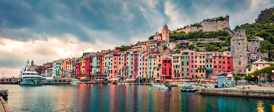 Picturesque summer view of Portovenere town. Panoramic evening scene of Mediterranean sea, Liguria region, province of La Spezia, Italy, Europe. Traveling concept background.