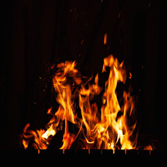 Fototapeta na wymiar Fire flames. A fire in the grill, fireplace and hot hearth. Burning fire at night.