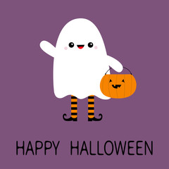 Happy Halloween. Child kid wearing ghost spirit costume. Pumpkin bag. Trick or treat. Funny creepy smiling face. Cute cartoon kawaii baby character. Eyes, teeth. Violet background. Flat design.