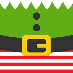 Christmas elf vector illustration. Festive elf body, clothes simple square icon. White collar, green shirt with buttons, red and white striped pants with black belt with yellow, gold buckle.
