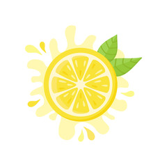 Lemon vector icon, flat illustration. Yellow fresh half cut lemon with squeezed juice behind and green leaves. Isolated.