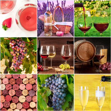 French Wine Collage. Many photos of grapes, wine glasses, barrels, corks, and champagne, a square design template for a banner, flyer, or restaurant menu