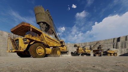 quarry dump trucks work, 3D illustration
