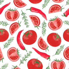Seamless watercolor vegetable pattern with tomatoes and chili peppers.