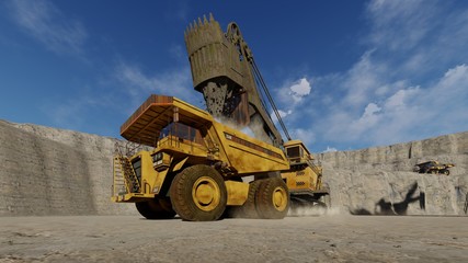 quarry dump trucks work, 3D illustration