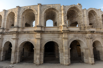 The Roman Amphitheater in the old town of Arles in Provence in the South of France.
