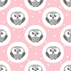 Seamless vector pattern with cute watercolor owls. Polka dot baby print.