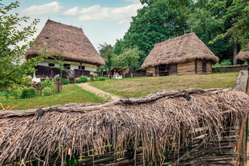 Captivating summer view of traditional romanian peasant houses. Wonderful rural scene of Transylvania, Romania, Europe. Beauty of countryside concept background.