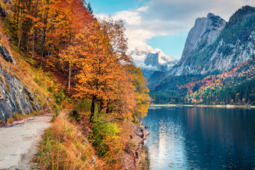 Exciting autumn scene of Vorderer / Gosausee lake with Dachstein glacieron background. Gorgeous morning view of Austrian Alps, Upper Austria, Europe. Traveling concept background.