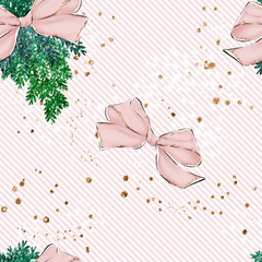 FASHION CHRISTMAS SEAMLESS PATTERN - BOWS AND PINE BRANCH ON DIAGONAL STRIPES BACKGROUND