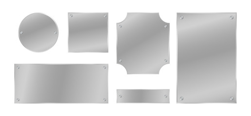 Fototapeta na wymiar Metal plates with rivets set. Silver colored badges. Vector design elements.