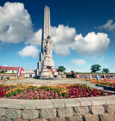 Horea, Closca and Crisan Obelisk. Colorful cityscape of Fortified churches of Alba Carolina Fortress, Transylvania, Alba Iulia city, Romania, Europe. Traveling concept background.