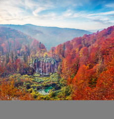 Aerial morning view of pure water waterfall in Plitvice National Park. Marvelous autumn scene of Croatia, Europe. Beauty of nature concept background.