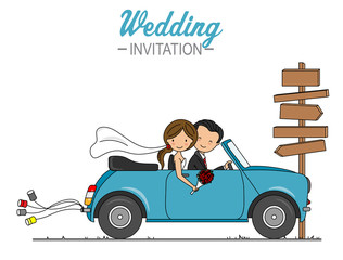 Wedding card. . Wedding couple in car