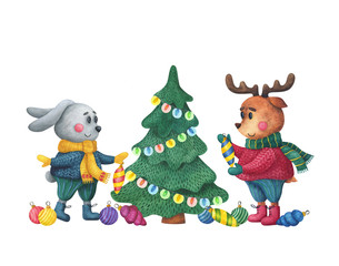  Christmas characters. Hare and deer decorate the Christmas tree