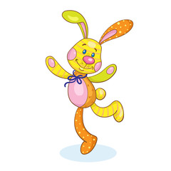 Kids toys. Cute toy bunny from multi-colored pieces of fabric.  In cartoon style. Isolated on a white background.