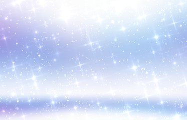 Spark stars and glitter snow on winter blue 3d background. New year abstract design.
