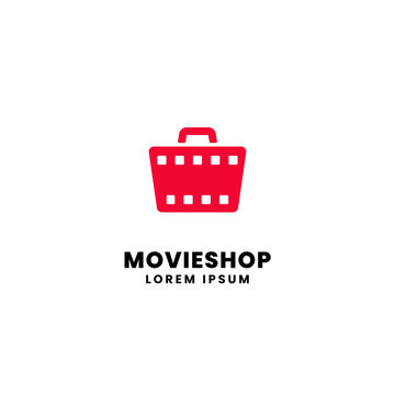 Movie store logo design. Film strip with trolley basket vector illustration symbol for buy movie rent market store graphic template.