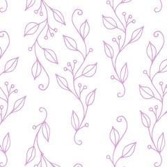 Fototapeta na wymiar Floral seamless pattern with pink twig and leaves.