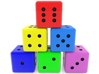 Pyramid of dice in various colors 