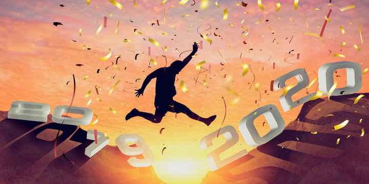 Silhouette of young  man jumping from the cliff that has the year number 2019 to the side that has the year number 2020 with sun rise background, Concept for Happy new year 2020. - Image